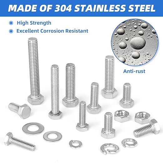 252Pcs 304 Stainless Steel Hex Bolts, Nuts, and Washers Assortment Kit (1/4"-20, 5/16"-18, 3/8"-16)